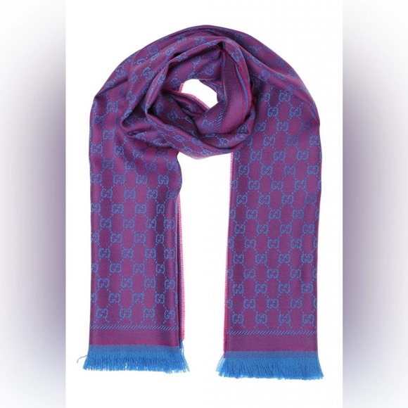 Gucci Sten GG Purple and Blue Fringed Wool Scarf NWT - Picture 3 of 5